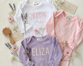 Personalized Baby Girl Ruffle Gown | Custom Coming Home Outfit Monogrammed Sleeper (Born 2026)