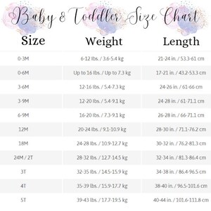 May include: A chart showing baby and toddler sizes with corresponding weight and length measurements in pounds and inches. The chart is on a white background with a watercolour design in the background.