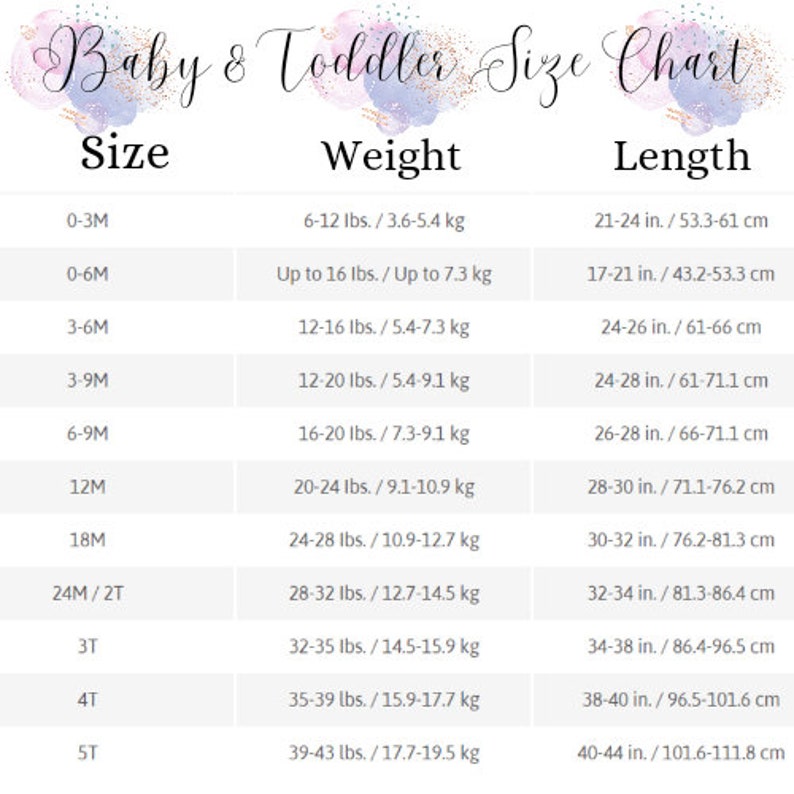 May include: A chart showing baby and toddler sizes with corresponding weight and length measurements in pounds and inches. The chart is on a white background with a watercolour design in the background.