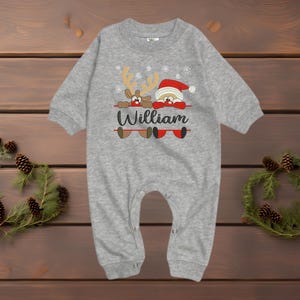 Baby Boy Custom Name Christmas Pajamas- Boy&#39;s First Christmas - Baby Christmas Outfit - Boys Reindeer Pajamas - Embroidered Name Shirt