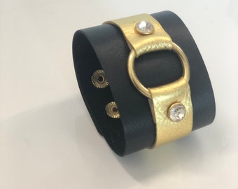 Cuff Wrist Bracelet, Leather Bracelet, Wide Bracelet,Ring gold Leather Bracelets, Unique Jewelry, Leather Cuff,Black - gold Leather Bracelet