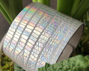 Leather Bracelet Base Holographic Women's Bracelet Cuff Gift For Her Wristband Adjustable Size Leather Wrap Cuff Shiny Leather Bracelet Base