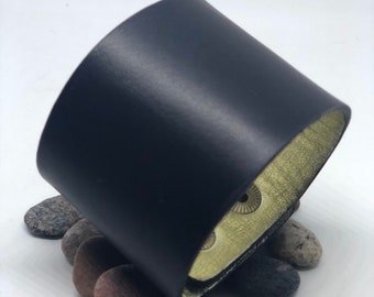 Black - gold Leather Bracelet Leather Cuff Bracelet - Leather Bracelet Wide bracelet  Leather Cuff Leather Wristband Gift for her
