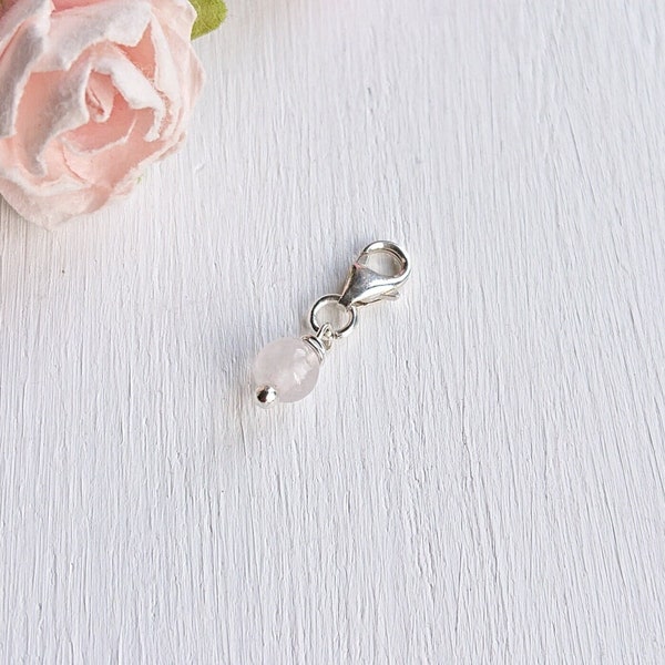 Tiny Pale Pink Rose Quartz Sterling Silver Charm, Clip On Bracelet Anklet, January Birthstone Gift, Natural Stone Charm, Little Keepsake