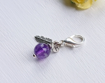 Amethyst Charm Clip: Silver Feather, Initial, February Birthstone