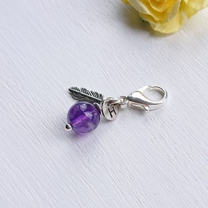 Small Purple Amethyst Charm Clip On Purse Keyring Zip, February Birthstone, Natural Stone Keepsake With Feather Heart Initial, Crystal Gift