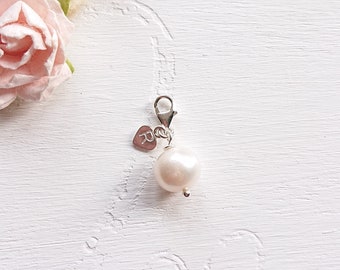 Small Sterling Silver Freshwater Pearl Charm With Initial Heart, Clip On Chain Charm with Tiny Clasp, Birthday Gift, Bridal Accessories