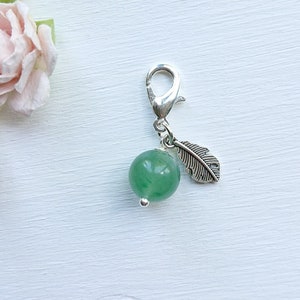10mm Green Aventurine Charm, Stone Of Luck With Feather, Small Gemstone Keepsake, Accessory With initial, Add To Bag Purse Crystal Charm
