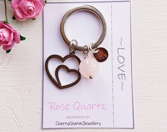 Love Keyring With Gemstone and 2 Hearts Charm, Rose Quartz, Lapis Lazuli Stone, Gift For Loved One, Add to Keys, Bag Keychain