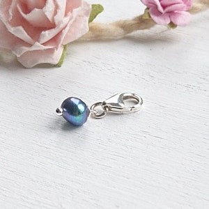 Dainty Peacock Freshwater Pearl Sterling Silver Clip On Bracelet Necklace Anklet Charm, June Birthstone Small Charm With Clasp Keepsake Gift