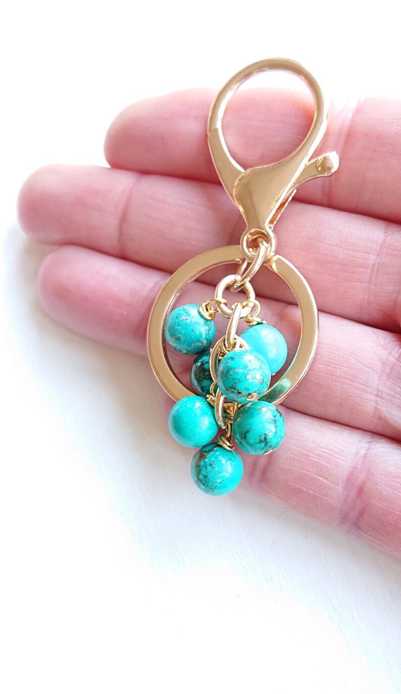 Natural Turquoise Stone Keyring Clip On Bag Key Birthday Gift Genuine Blue Gemstone Accessory Golden Silver Plated Big Keychain With Clasp