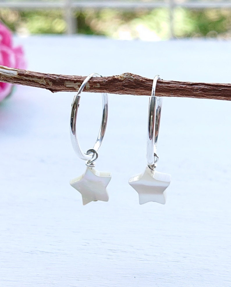 Gemstone Jewellery Gemstone 925 Sterling Silver Earrings Birthday Gift White Shell MOP Earrings Mother Of Pearl Star Hoop Earrings