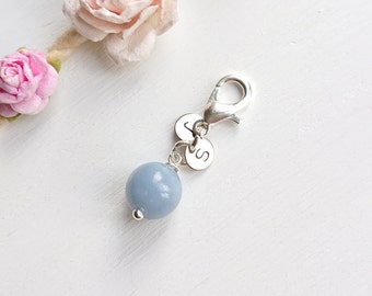 10mm Blue Angelite Clip On Bouquet Charm, Something Blue For Bride, Wedding Accessory Keepsake Gift With Initials, Natural Gemstone