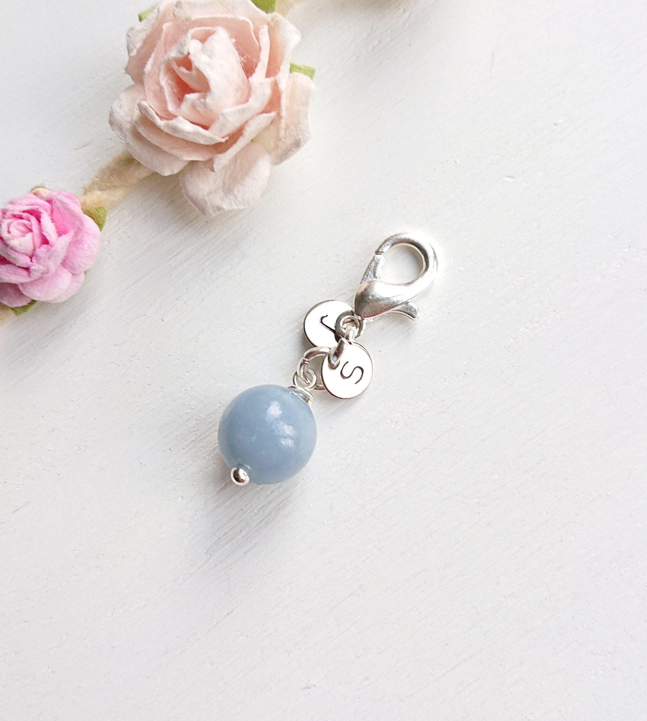 10mm Blue Angelite Clip On Bouquet Charm, Something Blue For Bride, Wedding Accessory Keepsake Gift With Initials, Natural Gemstone