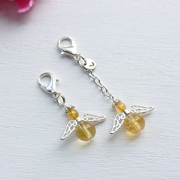 Clip Citrine sur le charme de l’ange gardien, porte-clés en cristal, clip de pierre précieuse personnalisé sur le charme zippé du sac à main, cadeau de porte-clés en pierre de naissance de janvier