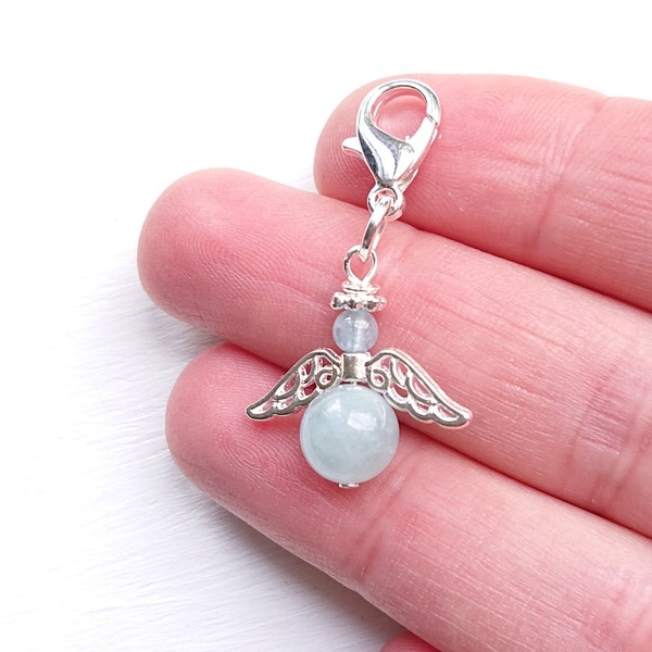 Aquamarine Guardian Angel Clip On Bag Purse Crystal Charm, Something Blue For Bride, Personalised Gemstone Keychain, March Birthstone Gift