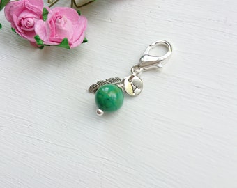 Natural Little Turquoise Clip On Keyring Purse Bag Charm, December Birthstone Gemstone Gift, Green Keepsake Stone With Feather Initial Charm