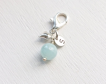 Dainty Aquamarine Clip On Keyring Bouquet Charm With Heart, Something Blue For Bride, Cute Crystal Wedding Accessory, March Birthstone Gift