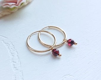 14K Gold Filled 16mm Hoop Garnet Earrings, January Birthstone, Birthday Gift, Red Natural Stone Earrings, Small Gemstone Hoops Jewellery