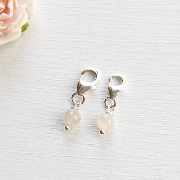 Milky Moonstone 925 Silver Charm, Tiny Sterling Silver Gemstone Charm, June Birthstone Gift, 4mm Off White Moonstone With 7-8mm Clasp