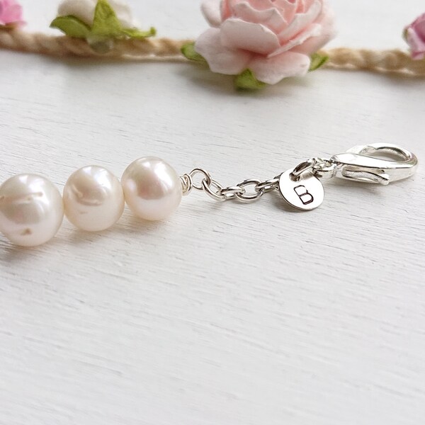 Freshwater White Pearl Charm, June Birthstone, Gemstone Accessory, Birthday Friendship Gift, Clip On Small Keepsake Charm With Initial