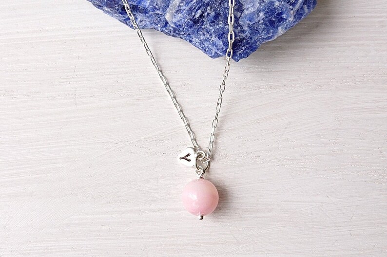 Gemstone Jewellery Personalised Birthday Gift Mother of Pearl Sterling Silver Necklace Small Pink Pendant With Initial Heart Charm