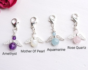 Gemstone Little Guardian Angel Charm Gift, Clip On Bag Purse Zipper Keyring Pet Collar Crystal, Personalised Silver Plated Keepsake Charm