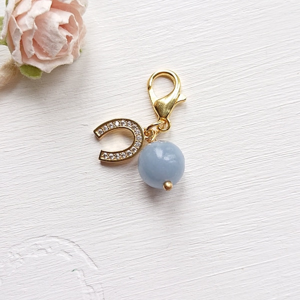 10mm Blue Angelite Charm, Gold Tone Cubic Zirconia Horseshoe, Something Blue For Bride, Small Gemstone Keepsake, Wedding Accessory