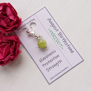 Peridoto Agosto Birthstone Carino Fascino Regalo di compleanno, Clip verde sulla borsa Borsa Diario Accessorio gemma, Fascino in pietra con lettera stampata a mano