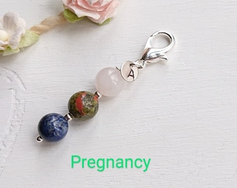 Pregnancy Stone Charm, 3 Gemstones Talisman, Crystal Attracts Healthy Pregnancy, Harmony, Love, Ease Stress Rose Quartz Unakite Lapis Lazuli