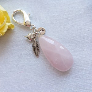 Pink Rose Quartz Teardrop Crystal Charm, Personalised January Birthstone Gift, Clip On Bag Purse Gemstone Charm With Initial And Feather