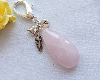 Pink Rose Quartz Teardrop Crystal Charm, Personalised January Birthstone Gift, Clip On Bag Purse Gemstone Charm With Initial And Feather