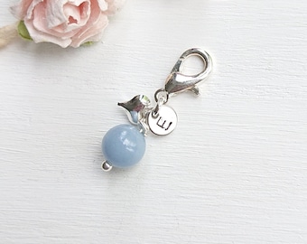Blue Angelite Clip On Keyring Bouquet Charm With Heart, Something Blue For Bride, Cute Stone Wedding Accessory, Friendship Gemstone Gift