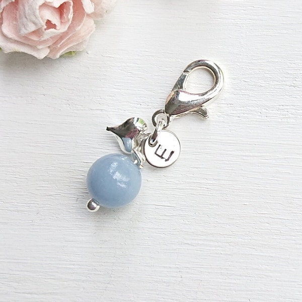 Blue Angelite Clip On Keyring Bouquet Charm With Heart, Something Blue For Bride, Cute Stone Wedding Accessory, Friendship Gemstone Gift