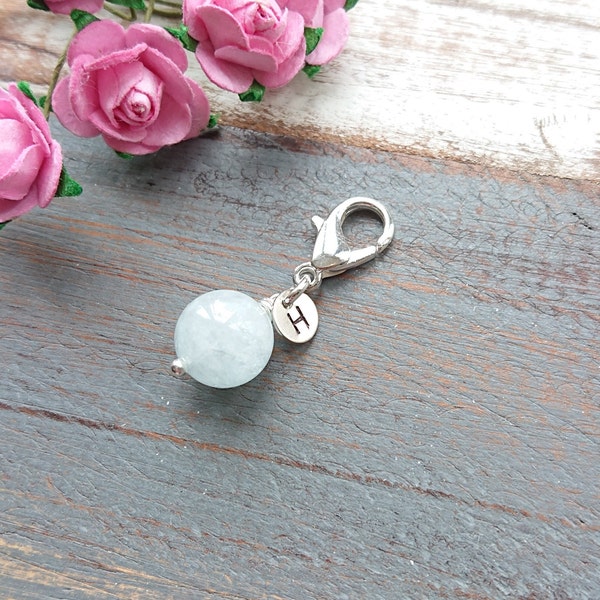 10mm Aquamarine Charm, Something Blue For Bride, Crystal Wedding Accessory, Keepsake Gift With Initials, Add to Bouquet, Light Blue Stone