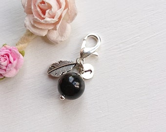 Black Tourmaline Charm: Protective Gemstone Keepsake with Feather & Initial