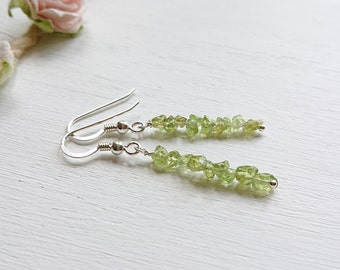 Peridot Long Sterling Silver Earrings, Green Crystal Jewellery, August Birthstone Gift, Drop Small Nuggets, Raw Gemstone Bar Earrings