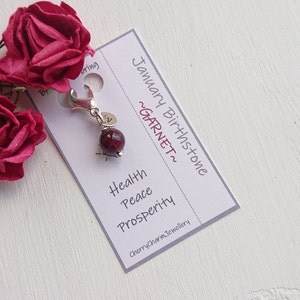Peut inclure: Un charme argenté avec une pierre précieuse de grenat rouge, un charme argenté avec la lettre "J" et une carte blanche qui dit "Pierre de naissance de janvier ~GRENAT~ Santé Paix Prospérité cherrycharmjewellery"