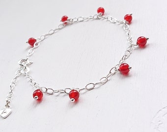 Red Carnelian Sterling Silver Charm Bracelet, Genuine Gemstone July Birthday Gift, Delicate Bracelet With Tiny Stones, Christmas Present