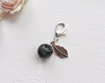 9mm Eagle Eye Stone Charm, Small Black And Grey Gemstone, Gift For Him With Feather Initial, Add To Keyring, Bag, Cherry Charm Jewellery