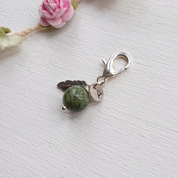 8mm Jade Stone Small Charm With Feather, Gemstone Keepsake Gift, Add to Bag, Charm With Initial, Green Stone, Cherry Charms Jewellery