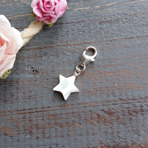 White Mother Of Pearl Star Sterling Silver Charm, Add To Bracelet Anklet, Natural Stone Charm With Little Clasp, Birthday Friendship Gift