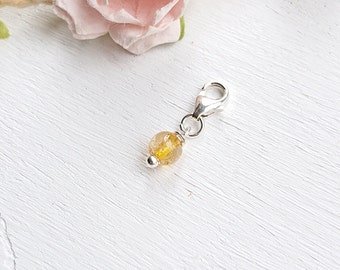 Tiny Citrine Sterling Silver Charm, November Birthstone Gift, Clip On Bracelet Anklet, Natural Yellow Gemstone Charm With  Little Clasp