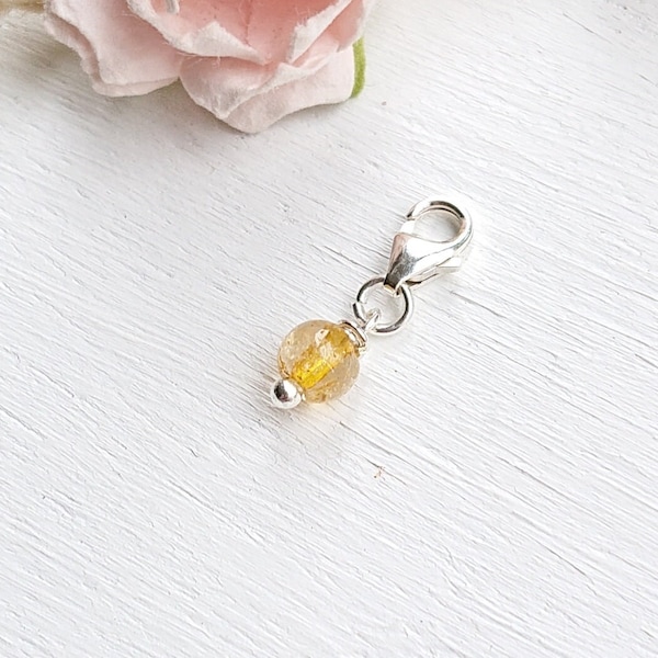 Tiny Citrine Sterling Silver Charm, November Birthstone Gift, Clip On Bracelet Anklet, Natural Yellow Gemstone Charm With  Little Clasp