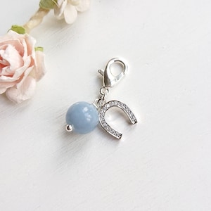 10mm Blue Angelite Charm With Horseshoe, Something Blue For Bride, Small Gemstone Keepsake, Add To Bouquet, Bag Crystal, Wedding Accessory