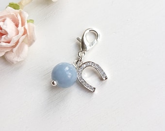 10mm Blue Angelite Charm With Horseshoe, Something Blue For Bride, Small Gemstone Keepsake, Add To Bouquet, Bag Crystal, Wedding Accessory