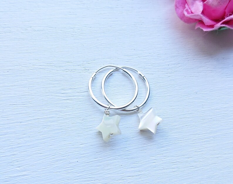 Gemstone Jewellery Gemstone 925 Sterling Silver Earrings Birthday Gift White Shell MOP Earrings Mother Of Pearl Star Hoop Earrings