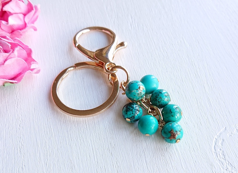 Natural Turquoise Stone Keyring Clip On Bag Key Birthday Gift Genuine Blue Gemstone Accessory Golden Silver Plated Big Keychain With Clasp
