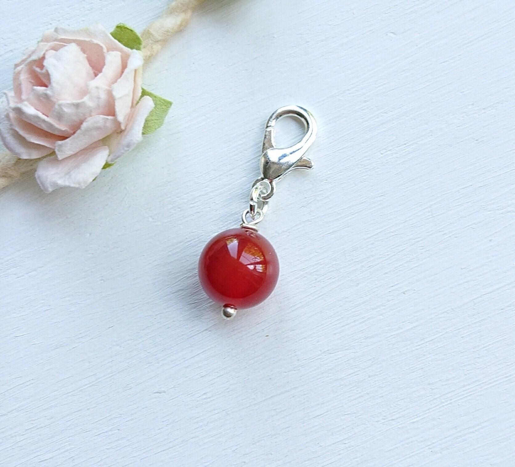 10mm Red Carnelian Charm With Feather, July Birthstone Gift, Little Gemstone Keepsake With initial, Add To Bag Purse Crystal, Healing Stone