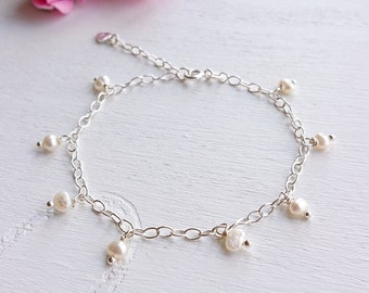 Delicate White Freshwater Pearl Sterling Silver Charm Bracelet, June Birthday Gift, Personalised Initial Heart Charm Bridal Boho Bracelet